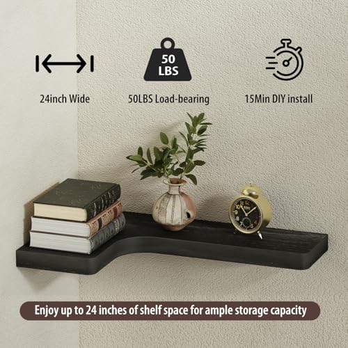 SAUMONIERES Corner Floating Shelves 24 Inch Wall Mount Shelf Solid Wood for Bedroom Bathroom Kitchen Storage Set of 2, B