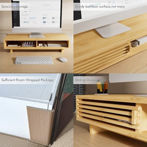 Zri Bamboo Computer Monitor Stand with Drawer, Dual Laptop Stand for Desk,Single Monitor Riser with Storage,Wood Office 