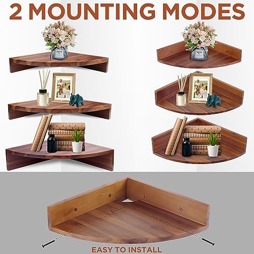 Demigo Corner Shelf Wall Mount Set of 3, Solid Acacia Wood Round Floating Corner Shelves for Storage and Display, Hangin