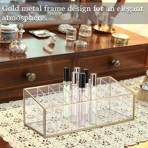 ELLDOO Rollerball Perfume Organizer, 24 Acrylic Spaces Glod Glass Perfume Storage Holder Beauty Scent Holder, Makeup Lip