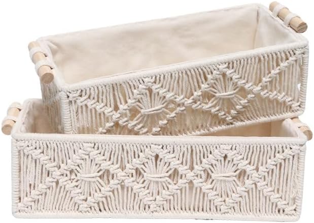 Macrame Storage Baskets Boho Decor Box for Organizing, Handmade Woven Decorative Basket for Countertop Toilet Tank Shelf