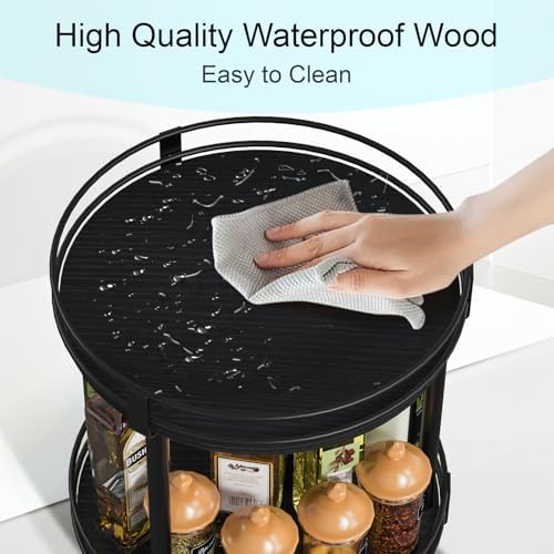 Snughome Lazy Susan Spice Rack, 2 Tier Rotating Spice Rack, Wood Lazy Susan Organizer for Cabinet, Black Kitchen Counter