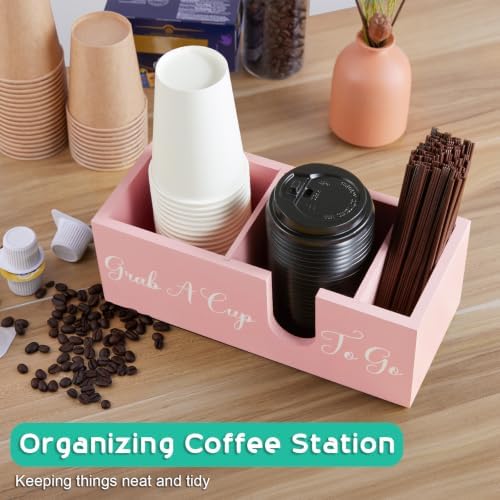 ALELION Pink Coffee Cup Organizer for Disposable Cups, Lids and Stir Sticks - 3-Compartment Countertop Cup Holder Storag