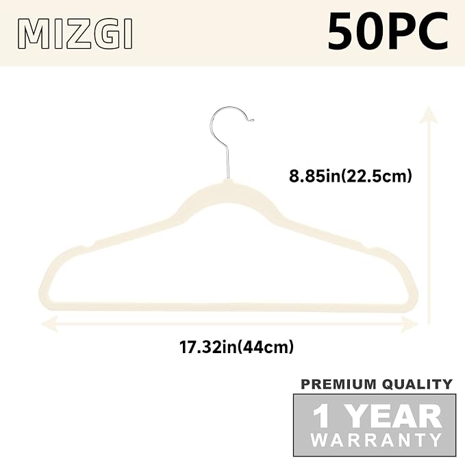 MIZGI Premium Velvet Hangers (50 Pack) - Heavy Duty, Non Slip Felt - Ivory, Chrome Hooks, Space Saving Suit Hangers