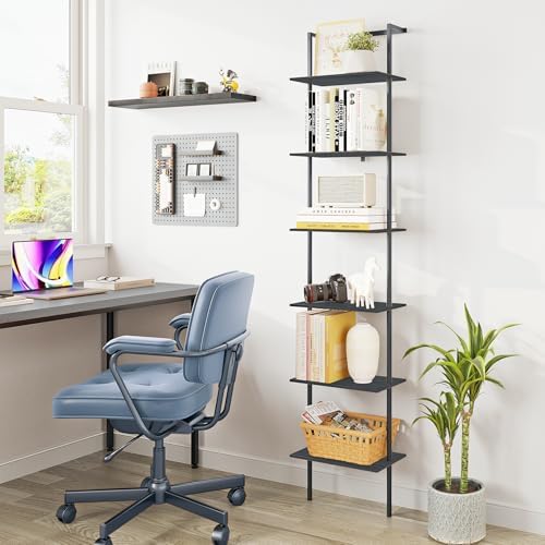 6-Tier Wall Mounted Ladder Shelf, Black, 77" H