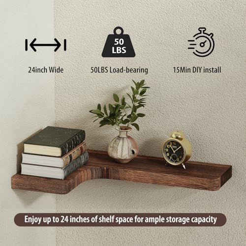 SAUMONIERES Corner Floating Shelves 24 Inch Wall Mount Shelf Solid Wood for Bedroom Bathroom Kitchen Storage Set of 2, R