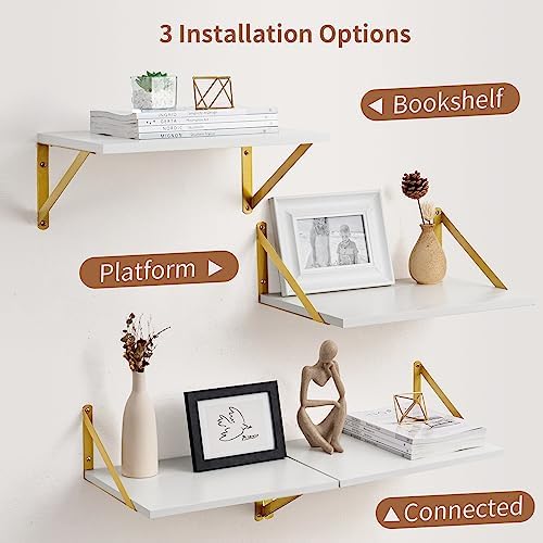 Axeman Deep Floating Shelves for Wall, 12 Inch Deep White and Gold Shelves Set of 2, 16W x 12D White Wood Wall Shelves w