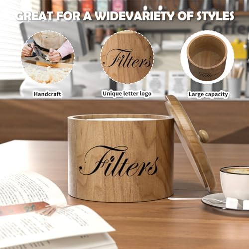Coffee Filter Holder, Wooden Coffee Filter Storage with Lid, RoundCoffeeFilterContainer for Counter, Rustic Bar Accessor