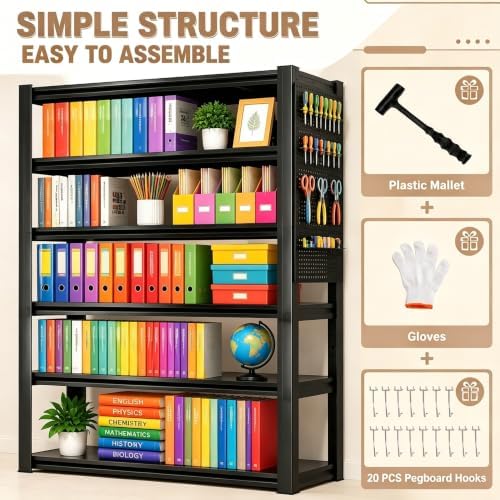 PRESTELION Heavy Duty 5 Tier Metal Bookshelf with Pegboard and Hooks