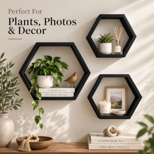 AHDECOR Wall Mounted Hexagon Floating Shelves, Wooden Wall Organizer Hanging Shelf for Home Decor, Set of 3, Black