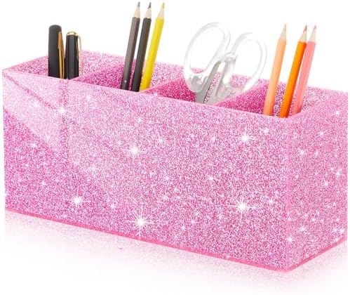 Jetec Acrylic Pen Holder for Girl Desktop, 4 Compartments, Sparkly Pink
