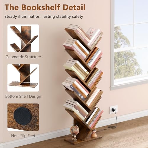 Hoctieon 10 Tier Tree Bookshelf with LED Light, Small Bookcase, Freestanding Book Shelf, Display Floor Standing Storage 