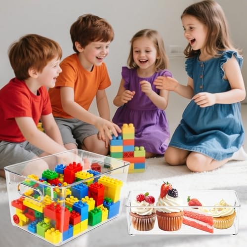 Set of 8 Clear Organizers and Storage Bins, 4 Large and 4 Small Stackable Plastic Storage Containers with Handles for Fr