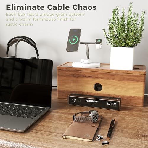 Large Cable Management Box Acacia Wood Cord Organizer Power Strip & Cables