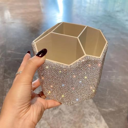 Bling Design Makeup Brush Holder Organizer,360° Rotating Glitter Rhinestones Cosmetics Storage with 5 Slot Large Capacit