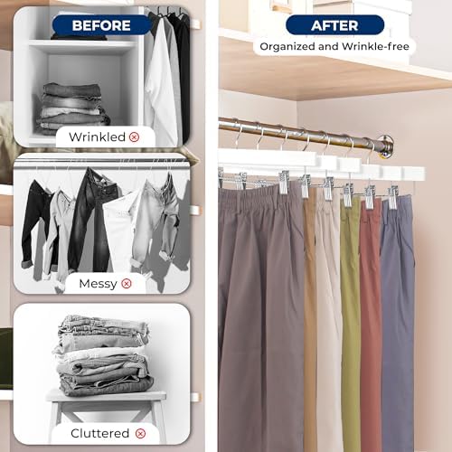 SereneLife Premium Wooden Pants Hangers 10 Pack, Solid 14" Wood Skirt Hangers with 2-Adjustable Clips, Heavy Duty & Anti Slip Wood Bottom Hanger for Slacks, Jeans, Trousers, Shorts (White)