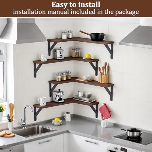 Corner Floating Shelves Set of 5, Rustic Wood Shelves, Dark Brown