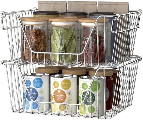 Slideep 14'' Large Stackable Storage Baskets Cabinet Organizer Sturdy Metal Wire Pantry Freezer Bin for Pantry Home Bath