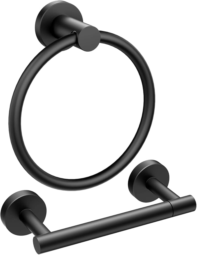 FORIOUS Toilet Paper Holder Wall Mount, SUS304 Stainless Steel Double Post Pivoting Tissue Roll Holder and Hand Towel Ring Set for Bathroom, RV, Bathroom Hardware Accessories Set, Matte Black