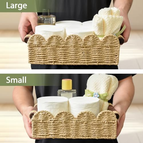 Cute Scalloped Storage Basket, Wicker Basket with Handles(Set of 2)