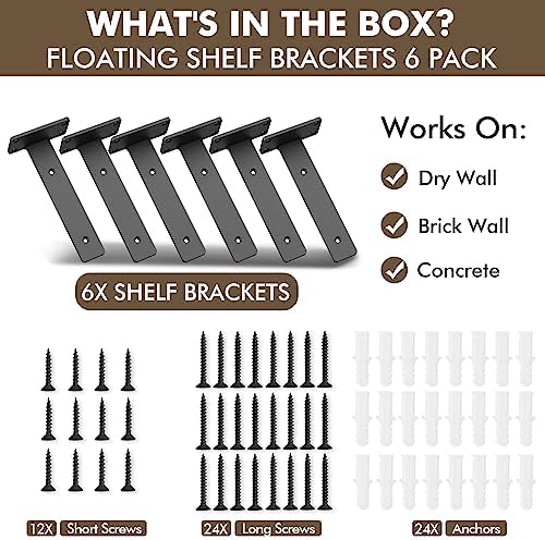 6 Pack Heavy Duty Metal Shelf Brackets 8 inch Long,Black