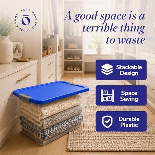 HOMZ Clear Plastic Storage Bin with Secure Latching Blue Lid, 64 Qt, 2 Pack