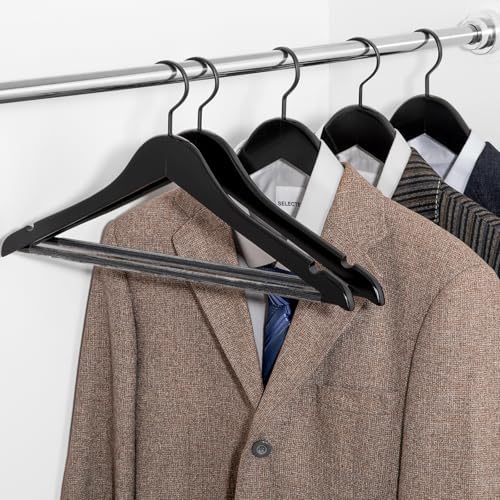 TOPIA HANGER Premium Wooden Hangers, Luxury Boutique Wood Hangers with Extra Thick Hook and Non Slip Pants Bar, Heavy Duty Coat Hanger with Notches 16 Pack, Black -CT01B