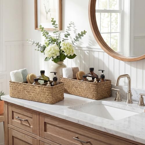 StorageWorks Toilet Paper Basket, 3-Section Toilet Tank Basket, Seagrass