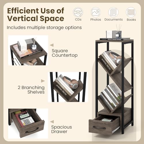 GIANTEX Tree Bookshelf with Drawer, 4-Tier Narrow Bookcase with Metal Frame, Tall Floor Standing Storage Organizer for S
