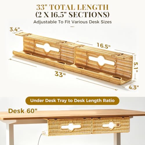 Handmade Rattan Under Desk Cable Management Tray 2 Pack, Natural