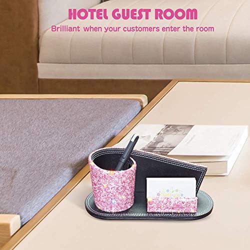 KEYPOWER Pen Pencil Holder Business Name Cards Decorative Bling Crystal Rhinestone PU Leather Gift for Women Girls (Pink)