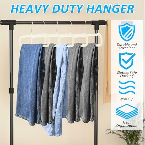 Pants Hangers Non Slip, 30 Pack Velvet Hanger for Closet with 30 Hooks, Strong Durable Space Saving Slim Pants Hanger, Ultra Thin & Space Saving Flocked Hangers for Pants/Shirts/Shorts/Bra (Cream)