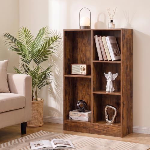 YAHARBB 3 Tier 5 Cube Thin Storage Organizer, Small Shallow Bookcase,Brown