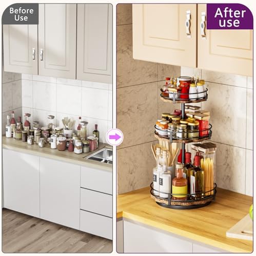 Heavy-Duty 3-Tier Lazy Susan Organizer, Adjustable to Different Heights, Countertop Spice Rack, Upgraded Thickened Woode