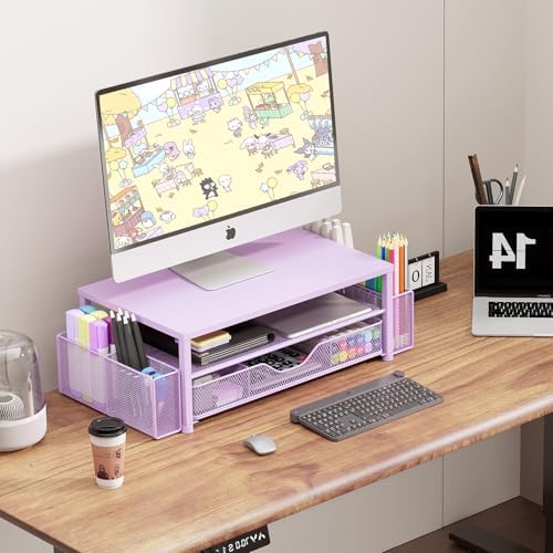 OPNICE Desk Organizer and Accessories, 2-Tier Computer Monitor Stand Riser with Drawer and 2 Pen Holders, Laptop Stand, 