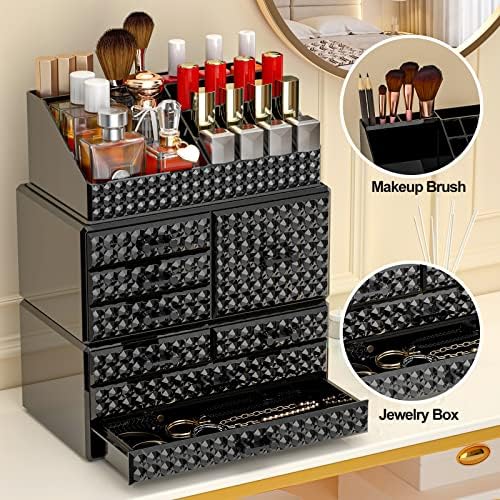 3 Pack Makeup Organizer Stackable[Upgraded], Acrylic Cosmetics Storage Cases with 8 Drawers Perfume Organizers For Brush