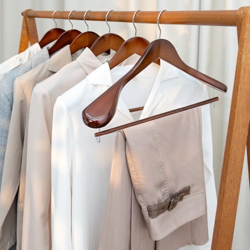 StorageWorks 6 Pack Wooden Hangers, Extra Wide Shoulder Wood Hangers with Locking Bar for Suit, Shirt, Coat, Pants, Walnut Color