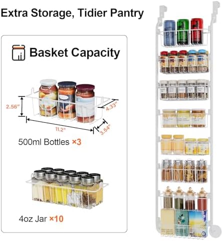 Delamu Narrow Over The Door Pantry Organizer, 8-Tier Metal Pantry Door Organization and Storage for Easy Install, Hangin
