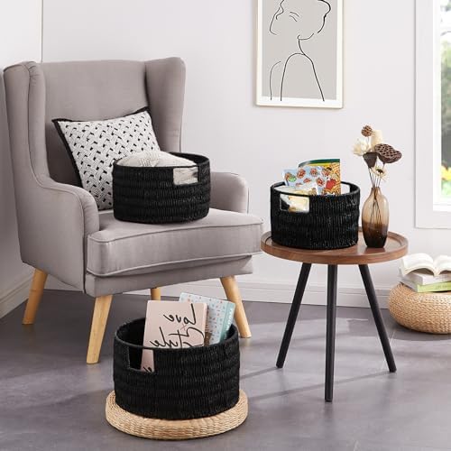 Vagusicc Wicker Storage Basket, Hand-Woven Paper Rope Large Round Woven Basket With Handles, Wicker Baskets for Organizing/Storage, Black, 3-Pack