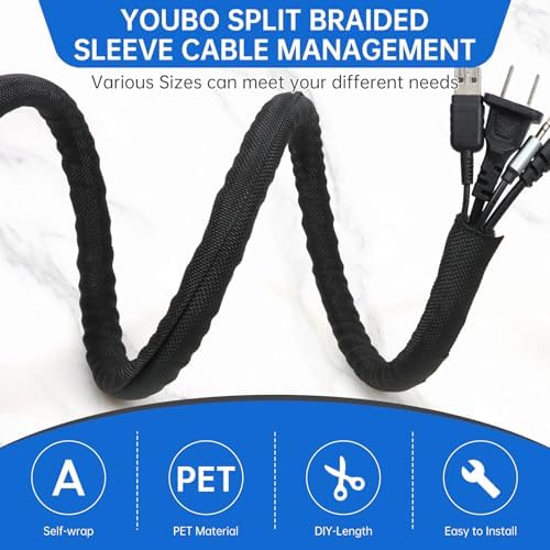 Split Braided Cable Sleeve，Flexible Wire Loom Tubing, Automotive Cord Protector Pet Proof, Cable Management for Computer