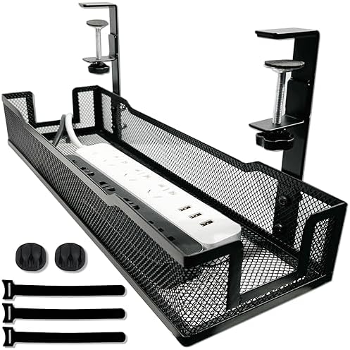 No Drill Under Desk Cable Management Tray with clamp-Premium Wire Tray Cord Organizer – Thin Steel Cable Tray Basket wit