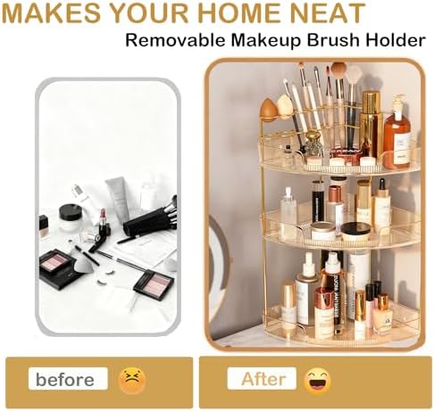 FELIZHOUSE 3-Tier Corner Bathroom Counter Organizer, Bathroom Countertop Shelf Makeup & Skincare Storage with Brush Hold