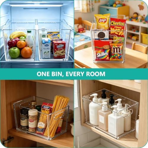 4 Pack Clear Storage Bins, PET Pantry Organizers & No-Tip Storage Containers with Cutout Handles for Fridge Freezer Kitc