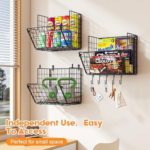 X-cosrack Metal Wire Basket Wall Mount, 3 Tier Wall Storage Organizer with 5 S Hooks, Kitchen Fruits and Vegetables Bin 