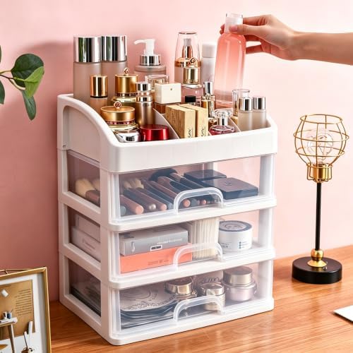 Makeup Organizer with 3 Drawers Plastic Storage for Vanity Cosmetic Display Cases Large Capacity Bathroom Countertop Pla