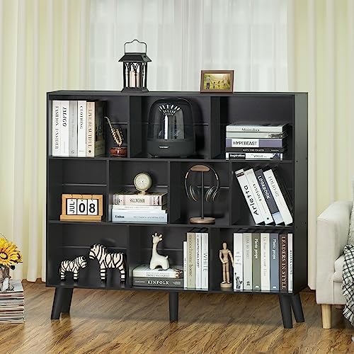 YAHARBO 10 Cube Bookshelf,3 Tier Bookcase with Legs,Black Mid-Century Modern Bookshelves,Large Free Standing Open Storag