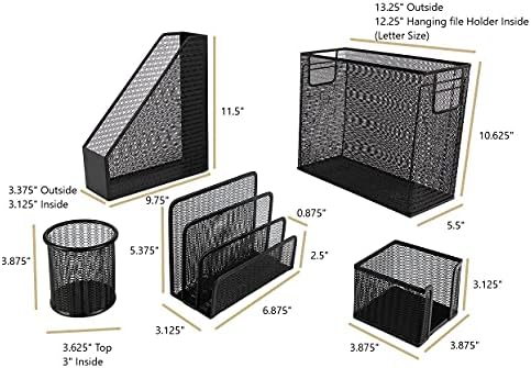 BLU MONACO Black Desk Organizer Set | 5-Piece Metal Office Supplies Collection with Hanging File Organizer, Magazine Holder, Pen Cup, Sticky Note Holder & Letter Sorter | Workspace Organization