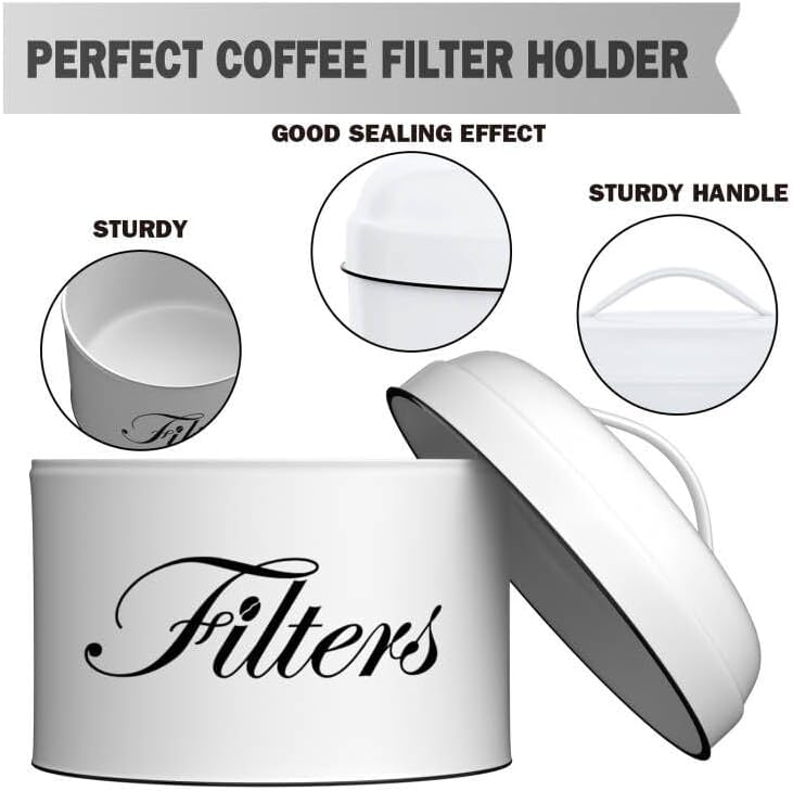 Coffee Filter Holder, White Basket Coffee Filter Storage with Lid, Round CoffeeFilter Container for Counter, Rustic Farm