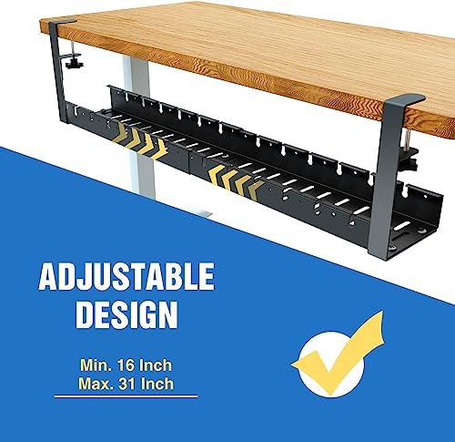 No Drilling Extendable Under Desk Cable Management, Metal Cable Management Tray Under Desk with Clamp, Retractable Power