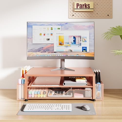 OPNICE Desk Organizer and Accessories, 2-Tier Computer Monitor Stand Riser with Drawer and 2 Pen Holders, Laptop Stand, 